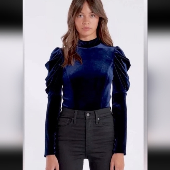 Misa Los Angeles Elegant Blue Velvet Fitted Ruched Bodysuit W/ Puffed Shoulders - Picture 3 of 11